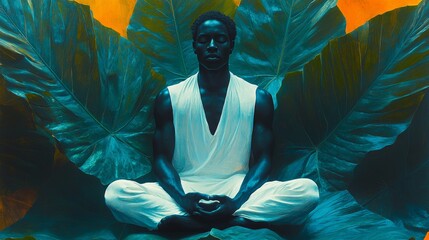 Tranquil Portrait of a Man Meditating Among Lush Tropical Foliage, Wearing White Attire, Surrounded by Rich Greens and Warm Background Hues