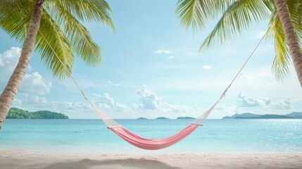 Naklejka premium A hammock strung between two palm trees on a secluded beach, offering a peaceful and idyllic spot for relaxation.