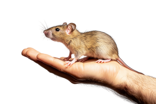Isolated cut out hand of a man holding a rat on transparent background. Pest control concept