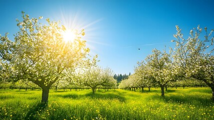 Fototapeta premium A peaceful orchard with blossoming fruit trees and bees buzzing around under a clear blue sky creates a tranquil and vibrant rural scene.