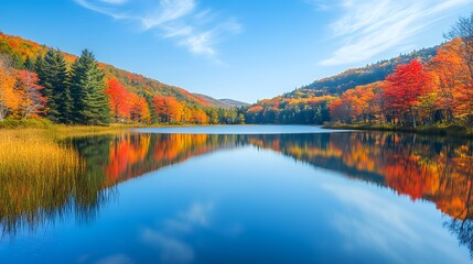 Fototapeta premium A picturesque lake surrounded by autumn trees, their vibrant colors perfectly mirrored in the calm, reflective water
