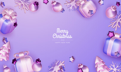 Obraz premium Happy New Year and Merry Christmas. Christmas holiday background with realistic 3d objects, violet and white bauble balls, conical metal stars, gift. Levitation falling design composition.