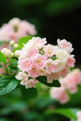 Delicate pink and white flowers in bloom against a lush green background
