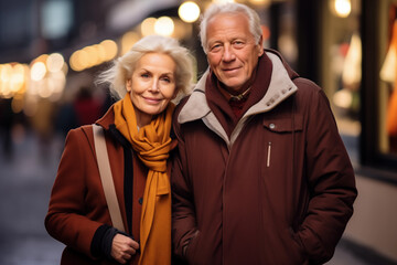 Obraz premium Elderly couple enjoying festive Christmas shopping together in a charming city