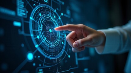 Technology Abstract Background with Hand Touching Circular Virtual Diagram Innovation and Network Concept