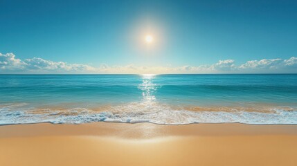 Picture of a beach with a sun shining over the water