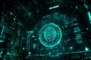 Obraz premium Futuristic glowing circular hologram in a virtual dark environment representing digital network security data encryption and a secure technological framework