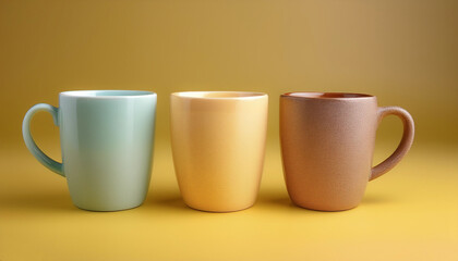 vintage ceramic coffee mugs, isolated on a yellow pastel
