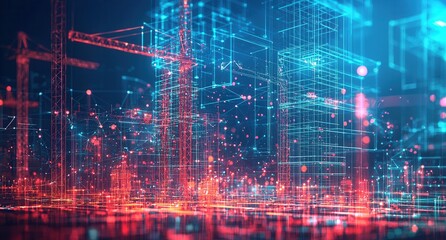 Fototapeta premium Futuristic digital cityscape with vibrant neon colors and abstract lines