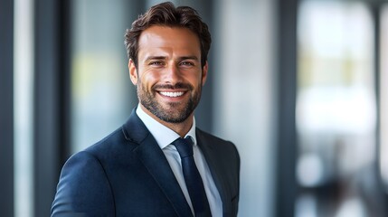 A professional business headshot of a confident man in a suit, with a blurred office background. The image exudes professionalism and confidence, perfect for corporate profiles.