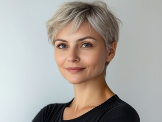 Fototapeta premium A woman with short gray hair and a black shirt