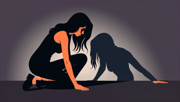 owering in fear against the background of a man's shadow, as a banner or poster, International Day for the Elimination of Violence against women._00001_