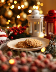 Festive Christmas cookies surrounded by holiday decorations, evoking a warm holiday vibe. Perfect for themes of Christmas, festive food, holiday season, celebration, and cozy winter ambiance.