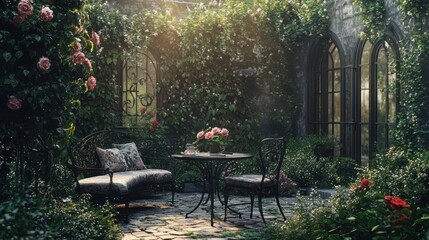 A romantic outdoor seating area with a stone patio, lush greenery, and a table with chairs set for two.