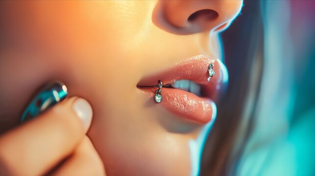 A close up of a woman's lips with piercings on her nose