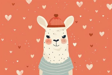 Cute llama with hat surrounded by hearts on orange background