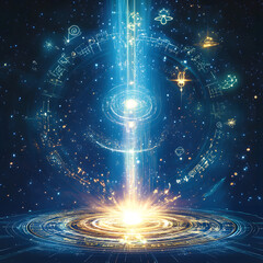  Cosmic energy portal with mystical symbols, glowing universe concept, space magic, stardust, celestial light, digital art, futuristic sci-fi, otherworldly galaxy, cosmic design