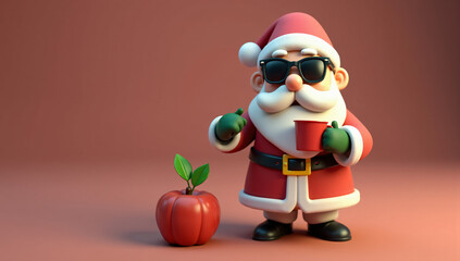 Santa, sporting sunglasses and holding a red mug next to an apple, brings warmth to the holiday season. Ideal for cozy themes involving relaxation and wintertime treats.