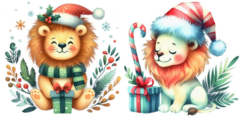 Christmas lion watercolor painting cutout png clip art transparent background