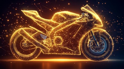 Futuristic Sport Motorcycle Outlines with Glowing Points and Lines on a Dark Background.