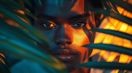 Captivating Close-Up of a Man's Face Framed by Tropical Foliage with Dramatic Orange and Blue Lighting