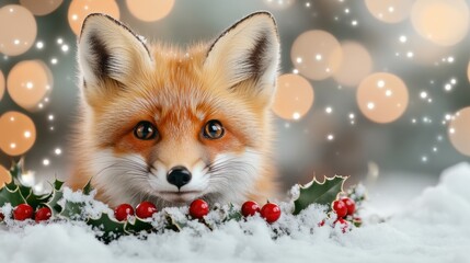Obraz premium Young fox peeks through snow with festive holly and berries, surrounded by bokeh lights, AI
