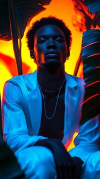 Artistic Portrait of a Young Man in a White Outfit Posing Amid Exotic Leaves Under Vibrant, High-Contrast Lighting