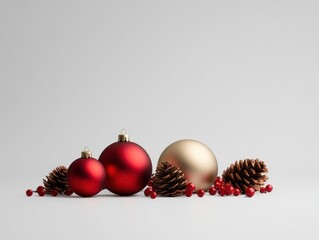 Festive Christmas ornaments and pine cones on a gray background