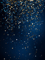 A luxurious background of falling dark blue foil confetti with shimmering glitter dust,