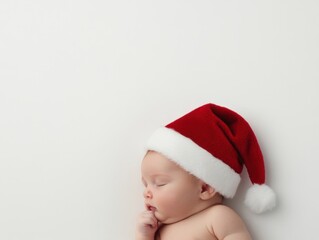 Newborn baby sleeping peacefully in a red santa hat