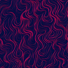 Obraz premium Vector illustration, a seamless pattern of wavy lines in shades of electric pink and red on a dark indigo blue background