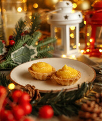 Festive Lemon Tart with vibrant Christmas decorations, creating a cozy holiday ambiance. Perfect for holiday season celebrations, Christmas desserts, festive food displays, and winter gatherings.