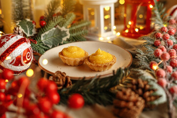 Festive Lemon Tart with vibrant Christmas decorations, creating a cozy holiday ambiance. Perfect for holiday season celebrations, Christmas desserts, festive food displays, and winter gatherings.
