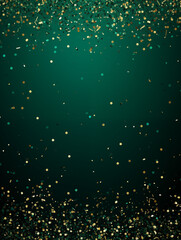 A luxurious background of falling green foil confetti border with shimmering glitter dust on a rich emerald green background, ample copy space for text