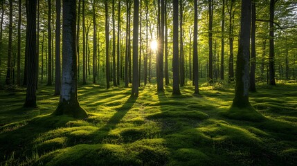 Fototapeta premium A quiet forest glade featuring tall trees and a soft carpet of moss, with sunlight gently filtering through the foliage, creates a serene and magical woodland atmosphere.