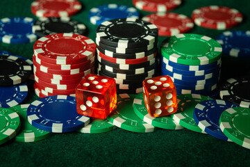 A popular and exciting dice game played on a green poker table in a casino. A winning combination of two fives brought in a lot of chips