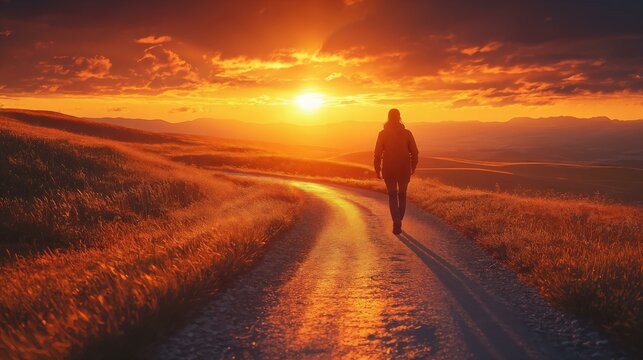 Silhouette of person walking on path at sunset with dramatic sky