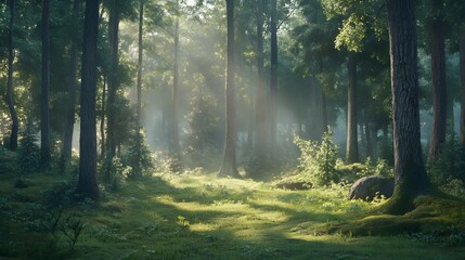 Obraz premium A quiet forest glade featuring tall trees and a soft carpet of moss, with sunlight gently filtering through the foliage, creates a serene and magical woodland atmosphere.