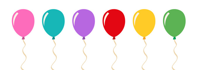 Colorful festive balloons with strings arranged in a row on a white background, ideal for party celebration themes. Balloon anniversary icon. Happy birthday balloons. 