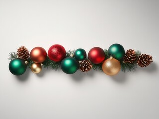 Festive Christmas ornaments and pine cones on a white background