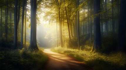Obraz premium A quiet forest path flanked by tall trees, with sunlight streaming through the leaves, creating a tranquil and inviting atmosphere