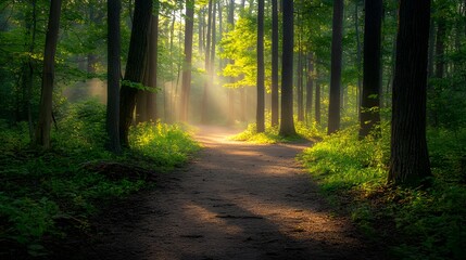 Fototapeta premium A quiet forest path flanked by tall trees, with sunlight streaming through the leaves, creating a tranquil and inviting atmosphere