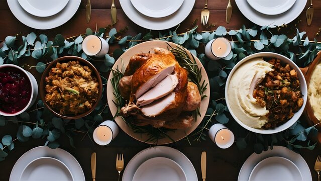 Elegant Thanksgiving Spread with Turkey, Cranberry Sauce, and Candlelight