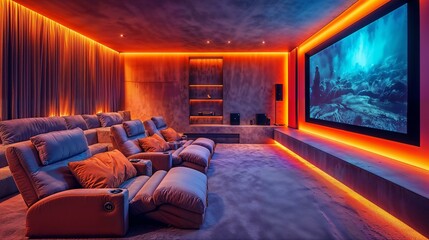 Naklejka premium Luxurious home theater with plush seating and ambient orange lighting