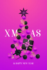 Vibrant pink Xmas tree with gifts and baubles