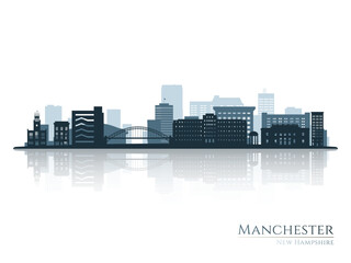 Manchester skyline silhouette with reflection. Landscape Manchester, New Hampshire. Vector illustration.