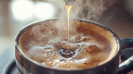 Freshly brewed coffee steaming in a black mug with droplets of liquid on the surface