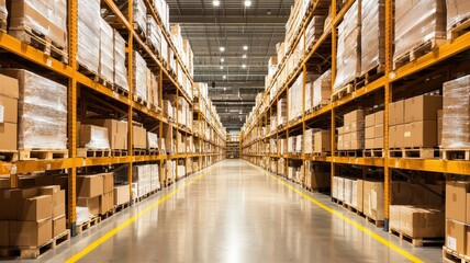 Fototapeta premium Inventory management demand replenishment concept. A spacious warehouse filled with neatly stacked boxes on shelves, illuminated by overhead lights, creating a clear pathway down the center.