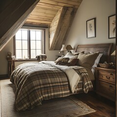A rustic bedroom featuring wooden furniture, plaid bedding, and a cozy atmosphere. The room combines natural elements with warm textiles to create a welcoming and comfortable space.