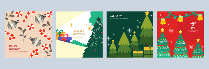 Festive Christmas Card Designs with Ornaments. A collection of illustrated Christmas cards featuring festive elements like Christmas trees, ornaments, and gifts